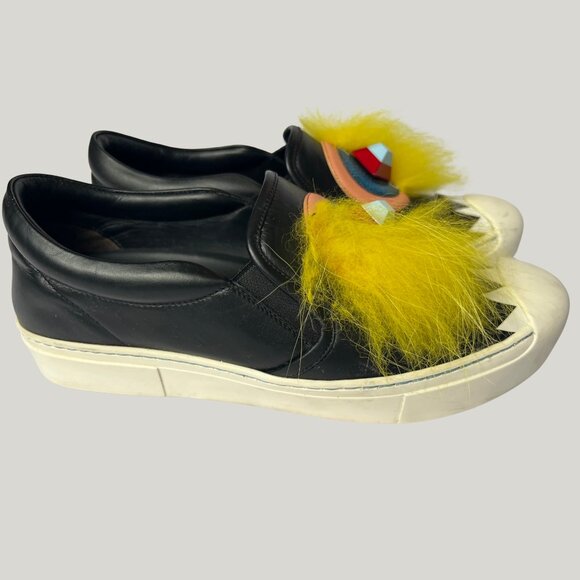 Fendi Monster Slip-On Sneakers Black Yellow Fur 37.5 COA - Picture 4 of 12